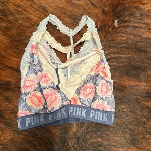 PINK Victoria's Secret Floral Lace Bralette Trio - Blue, Cream, Pink floral
